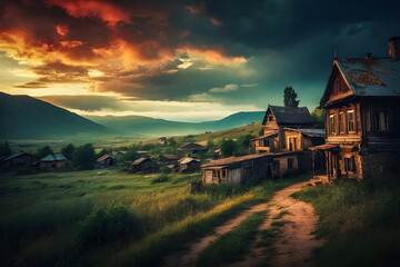 Mysterious old secret town abandoned house at sunset generative AI photo.
 - obrazy, fototapety, plakaty