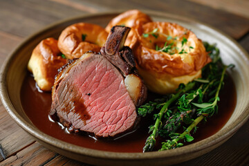 A plate of roast beef and Yorkshire pudding, a traditional Sunday roast dinner in England.