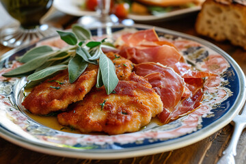 A plate of saltimbocca alla romana, a classic Roman dish made with veal cutlets, prosciutto, and sage