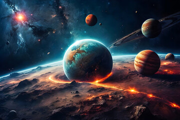Space and planet Planets surface with craters, stars, and comets in dark space background...