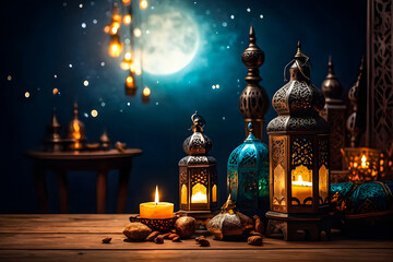 Illuminated Arabic lantern on mosque holy month of Muslim community Ramadan Kareem generative ai photo.
