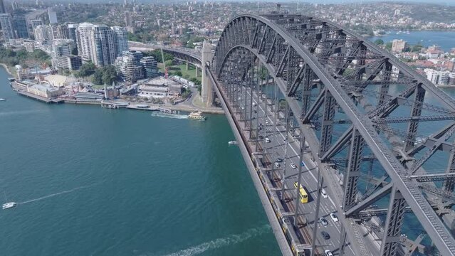 Aerial video of Sydney City and Sydney Harbor at sunset, Australia