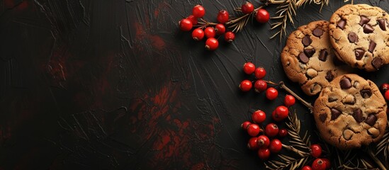 A collection of American cookies adorned with red berries from a rowan branch resting on a dark black background. The cookies are arranged in a visually appealing manner that highlights the contrast - obrazy, fototapety, plakaty