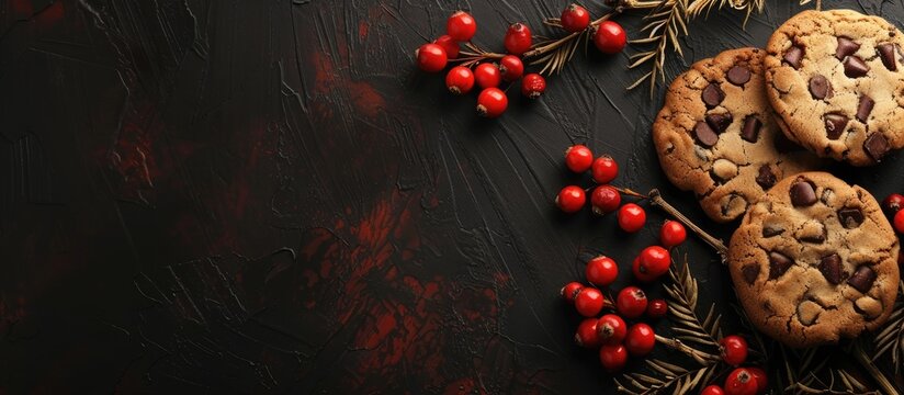 A collection of American cookies adorned with red berries from a rowan branch resting on a dark black background. The cookies are arranged in a visually appealing manner that highlights the contrast