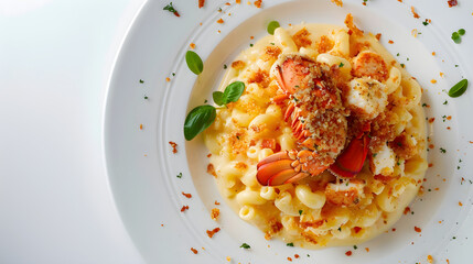 Gourmet lobster mac and cheese on white plate