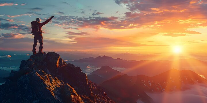 Achieving new heights triumphantly standing atop a mountain peak at sunrise. Concept Mountain Climbing, Sunrise Views, Triumph, Achievement, New Heights