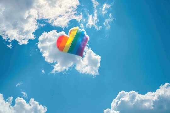 Rainbow heart in the blue sky with clouds. Valentines day background. LGBT Concept with Copy Space. Pride Month Concept.