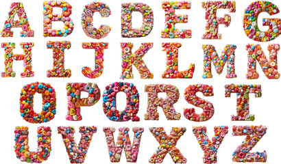 a full set of candy sweats sugar colorful letters or font isolated on transparent background, high quality, usable for celebration, birthday, and christmas, alphabet from A to Z