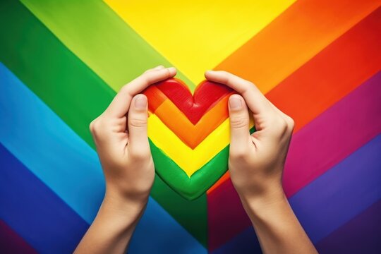 Hands holding heart shape on rainbow background. LGBT Concept with Copy Space. Pride Month Concept.