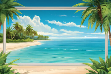  a sandy tropical beach with crystal-clear turquoise waters gently lapping against the shore, framed by lush palm trees, with a distant island silhouetted against the horizon, generative ai - obrazy, fototapety, plakaty