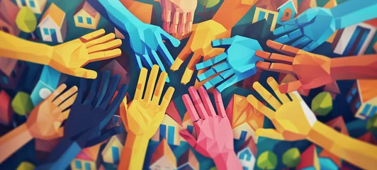 Foto op Plexiglas Multicolored human hands are stacked together in a group, symbolizing unity and diversity within the urban landscape of humanity © Katsiaryna