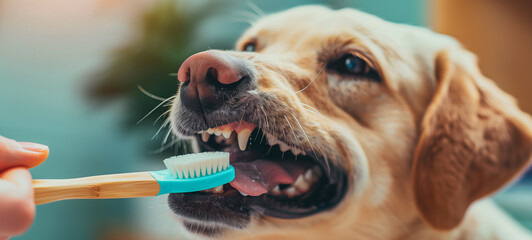 Another person brushes the teeth of a dog, highlighting the care and attention given to pet hygiene - obrazy, fototapety, plakaty