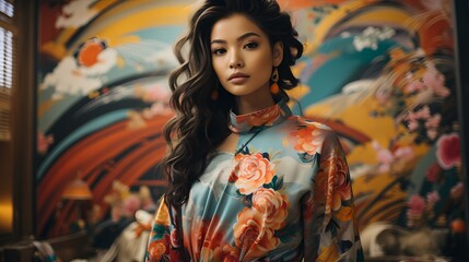 A fashionable Japanese model posing against a backdrop of colorful murals, wearing a vibrant outfit inspired by traditional Japanese textiles and modern street fashion, with the image captured in hig