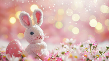easter bunny and colored eggs on pink background. easter concept.