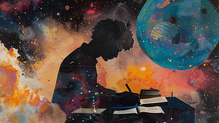 A collage showing a silhouette of a writer writing a story set in space, infinite space, science, and the future. Generative AI - obrazy, fototapety, plakaty