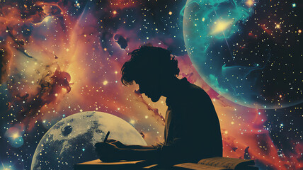 A collage showing a silhouette of a writer writing a story set in space, infinite space, science, and the future. Generative AI