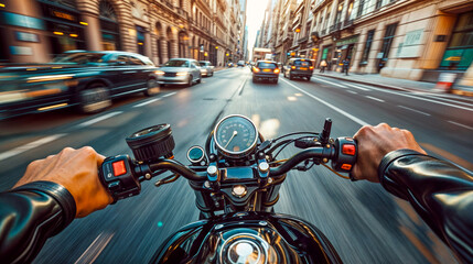 Driver's point of view on a powerful motorcycle, hands gripping handlebars, speeding through...
