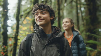 A boy and girl are walking through a forest, smiling and enjoying the outdoors