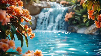 Serenity in Nature: Waterfall in a Tropical Garden, Creating a Tranquil and Relaxing Scene - obrazy, fototapety, plakaty