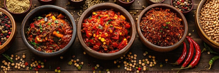 Assorted spicy dishes in wooden bowls - A variety of spices and richly flavored dishes displayed in wooden bowls on a rustic table