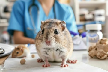 Attentive gerbil with veterinarian in the background - A focused gerbil is seen in the foreground with a blurred figure of a veterinarian behind, depicts care and expertise