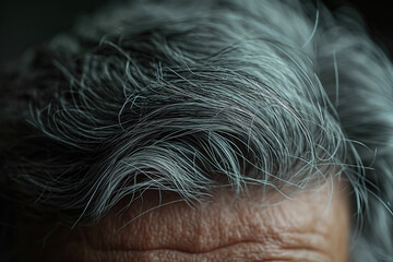 A close-up of head with gray hair and wrinkles on their forehead.
