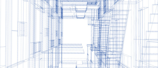 Smart building automation system digital intelligent technology abstract background architecture 3d blue wireframe construction