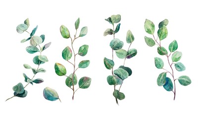 Eucalyptus watercolor, set. Hand drawn green twigs isolated on white background. Design element for cards, packaging, covers, invitations, labels.