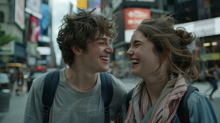 A couple of young people are smiling and laughing in a city street
