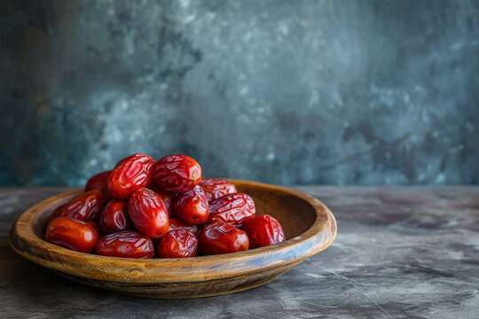Ramadan Dates Palm Fruit On A Wooden Plate 