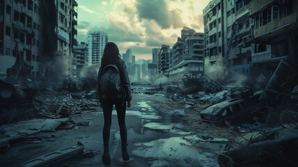 A post-apocalypse survivor walking down the street of a deserted city full of crumbling buildings. Generative AI