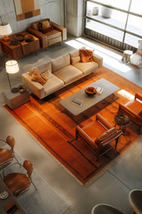 aerial view of a modern living room in orange and brown tones