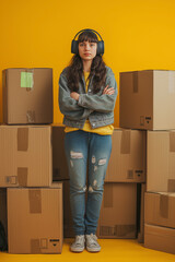 teenage girl full body next to moving boxes