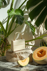 summer still life of off-white luxury handbag