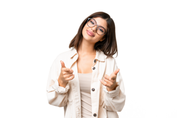 Young Russian woman over isolated chroma key background pointing to the front and smiling