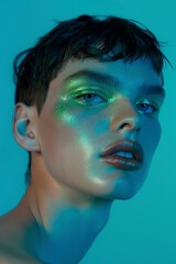 fashion portrait of androgynous boy with glam makeup