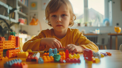 A schoolboy boy folds a construction set at the table