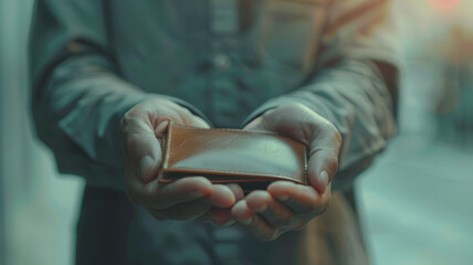 Close-up of hands holding a brown wallet - obrazy, fototapety, plakaty