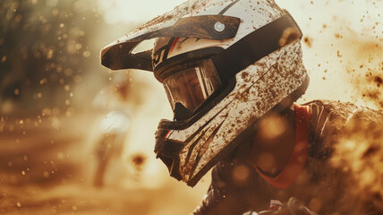 Close-up of a motorcycle racer wearing a helmet - obrazy, fototapety, plakaty