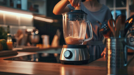Woman using a blender in her kitchen
