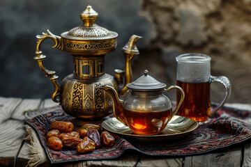 Traditional arabic tea set and dried dates  - obrazy, fototapety, plakaty