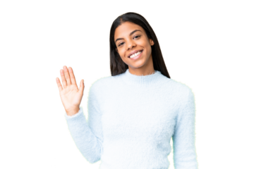 Young African American woman over isolated chroma key background saluting with hand with happy expression