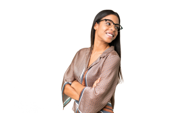 Young African American woman over isolated chroma key background with arms crossed and happy