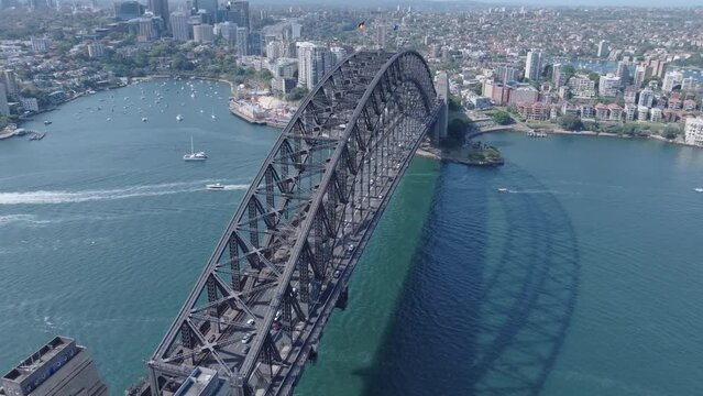 Aerial video of Sydney City and Sydney Harbor at sunset, Australia