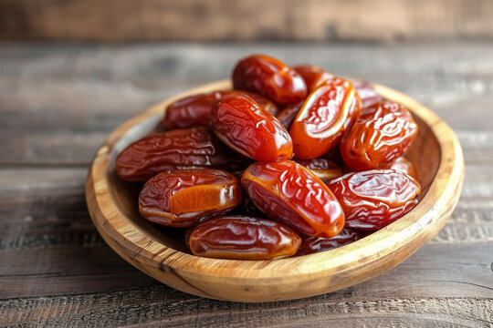 Ramadan Dates Palm Fruit On A Wooden Plate 