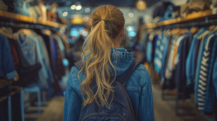 A woman with long blonde hair is walking through a clothing store