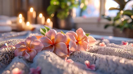 Fotobehang Tropical Aromatherapy: Spa Scene with Frangipani Flowers, Stones, and Exotic Decor © NURA ALAM