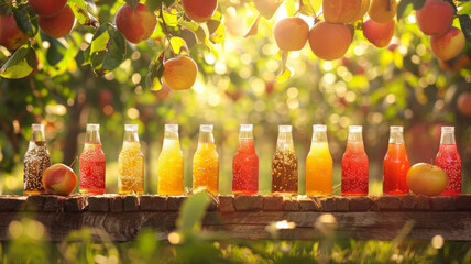 Assorted glass bottles of fruit drinks on table.