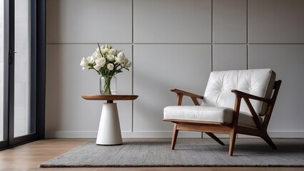 modern living room with armchair and flowers vase  - obrazy, fototapety, plakaty