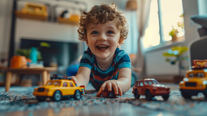 A cute toddler playing with colorful car toys at home.